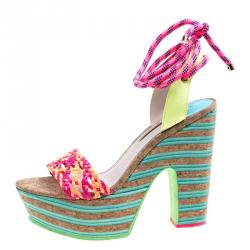 Pre Owned Sophia Webster Multicolor Braided Leather Jade Cork Platform Ankle Wrap Sandals Size 41