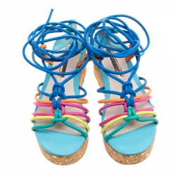 Pre Owned Sophia Webster Multicolor Leather Cord Copacabana Cork Platform Ankle Wrap Sandals Size 36