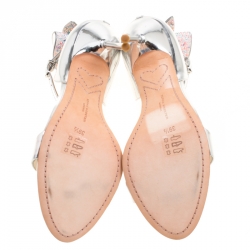 Pre Owned Sophia Webster Metallic Silver Leather Maya Crystal Embellished Bow Ankle Strap Sandals Size 39.5