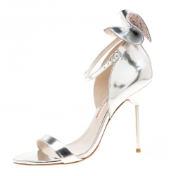 Pre Owned Sophia Webster Metallic Silver Leather Maya Crystal Embellished Bow Ankle Strap Sandals Size 39.5