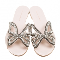 مملوكة مسبقًا Sophia Webster Beige Butterfly Crystal Embellished Suede and PVC Madame Flat Sandals Size 37