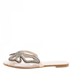 مملوكة مسبقًا Sophia Webster Beige Butterfly Crystal Embellished Suede and PVC Madame Flat Sandals Size 37