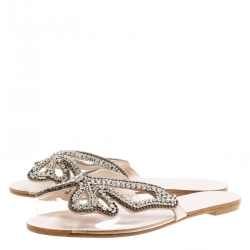 مملوكة مسبقًا Sophia Webster Beige Butterfly Crystal Embellished Suede and PVC Madame Flat Sandals Size 37