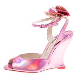 Pre Owned Sophia Webster Metallic Pink Holographic Leather Rizzo Ankle Strap Chrome Wedge Sandals Size 39