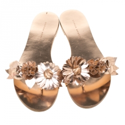 Pre Owned Sophia Webster Metallic Rose Gold Leather Lilico Floral Embellished Flat Slides Size 38