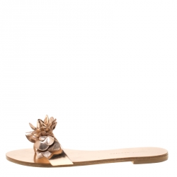 Pre Owned Sophia Webster Metallic Rose Gold Leather Lilico Floral Embellished Flat Slides Size 38
