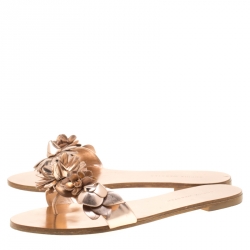 Pre Owned Sophia Webster Metallic Rose Gold Leather Lilico Floral Embellished Flat Slides Size 38
