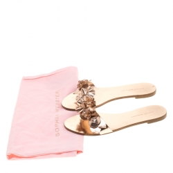 Pre Owned Sophia Webster Metallic Rose Gold Leather Lilico Floral Embellished Flat Slides Size 38
