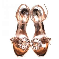 Pre Owned Sophia Webster Metallic Rose Gold Leather Lilico Floral Embellished Ankle Wrap Sandals Size 39.5