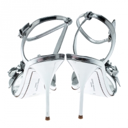 Sophia Webster Metallic Silver Leather Lilico Floral Embellished Ankle Wrap Sandals Size 41
