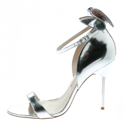 Sophia Webster Metallic Silver Leather Maya Crystal Embellished Bow Ankle Strap Sandals Size 39