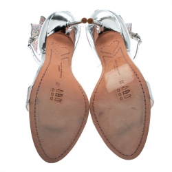 Sophia Webster Metallic Silver Leather Maya Crystal Embellished Bow Ankle Strap Sandals Size 39
