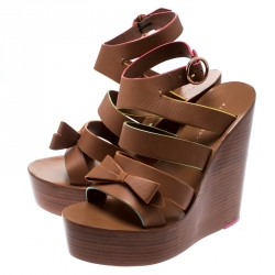 Sophia Webster Brown Leather Samara Strappy Wedge Platform Sandals Size 36