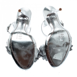 Pre Owned Sophia Webster Metallic Silver Leather Lilico Floral Embellished Ankle Wrap Sandals Size 37.5