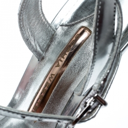 Pre Owned Sophia Webster Metallic Silver Leather Lilico Floral Embellished Ankle Wrap Sandals Size 37.5