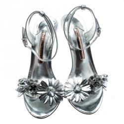 Pre Owned Sophia Webster Metallic Silver Leather Lilico Floral Embellished Ankle Wrap Sandals Size 37.5