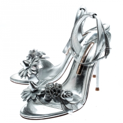 Pre Owned Sophia Webster Metallic Silver Leather Lilico Floral Embellished Ankle Wrap Sandals Size 37.5