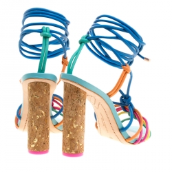Pre Owned Sophia Webster Multicolor Leather Cord Copacabana Cork Heel Ankle Wrap Sandals Size 37.5