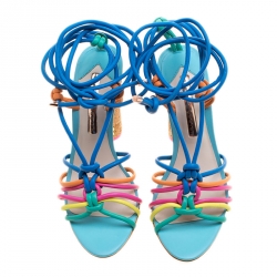 Pre Owned Sophia Webster Multicolor Leather Cord Copacabana Cork Heel Ankle Wrap Sandals Size 37.5