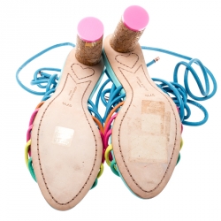 Pre Owned Sophia Webster Multicolor Leather Cord Copacabana Cork Heel Ankle Wrap Sandals Size 37.5