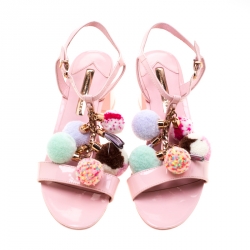 Sophia Webster Pink Patent Leather Juno Pom Pom Embellished T-Strap Sandals Size 38.5