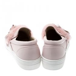 Pre Owned Sophia Webster Pink Leather And Faux Fur Bella Embellished Bow Slip On Sneakers Size 41