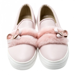 Pre Owned Sophia Webster Pink Leather And Faux Fur Bella Embellished Bow Slip On Sneakers Size 41