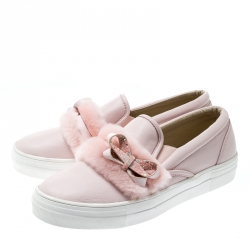 Pre Owned Sophia Webster Pink Leather And Faux Fur Bella Embellished Bow Slip On Sneakers Size 41