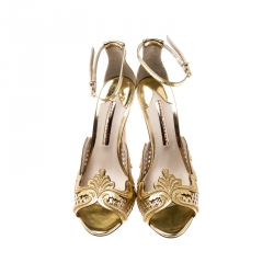 Pre Owned Sophia Webster Metallic Gold Mirror Leather Rivera Ankle Strap Sandals Size 40