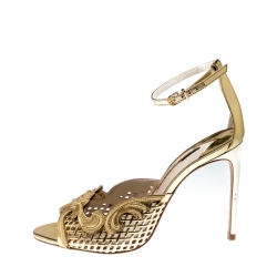 Pre Owned Sophia Webster Metallic Gold Mirror Leather Rivera Ankle Strap Sandals Size 40