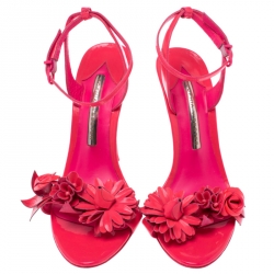 Sophia Webster Fluorescent Pink Patent Leather Lilico Floral Embellished Ankle Wrap Sandals Size 37.5