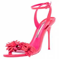 Sophia Webster Fluorescent Pink Patent Leather Lilico Floral Embellished Ankle Wrap Sandals Size 37.5