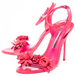 Sophia Webster Fluorescent Pink Patent Leather Lilico Floral Embellished Ankle Wrap Sandals Size 37.5