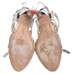 Sophia Webster Metallic Silver Mirrored Leather Yasmina Pom Pom Embellished Sandals Size 42