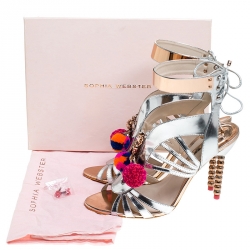 Sophia Webster Metallic Silver Mirrored Leather Yasmina Pom Pom Embellished Sandals Size 42