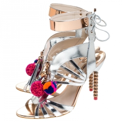 Sophia Webster Metallic Silver Mirrored Leather Yasmina Pom Pom Embellished Sandals Size 42