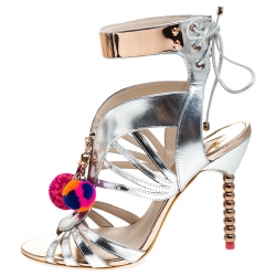 Sophia Webster Metallic Silver Mirrored Leather Yasmina Pom Pom Embellished Sandals Size 42
