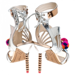 Sophia Webster Metallic Silver Mirrored Leather Yasmina Pom Pom Embellished Sandals Size 42