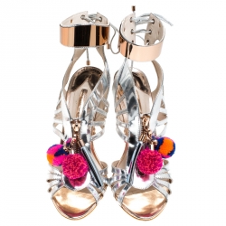 Sophia Webster Metallic Silver Mirrored Leather Yasmina Pom Pom Embellished Sandals Size 42
