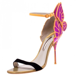 Sophia Webster Black Suede and Fuchsia Leather Chiara Butterfly Open Toe Sandals Size 41.5