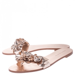 Pre Owned Sophia Webster Metallic Rose Gold Leather Lilico Floral Embellished Flat Slides Size 39