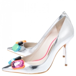 Sophia Webster Metallic Silver Leather Lola Gem Pointed Toe Pumps Size 36
