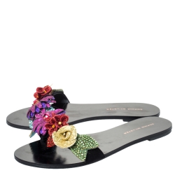 Sophia Webster Black Suede Glitter And Crystal Floral Embellished Lilico Flat Slides Size 38.5