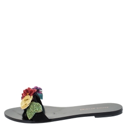Sophia Webster Black Suede Glitter And Crystal Floral Embellished Lilico Flat Slides Size 38.5