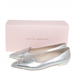 Pre Owned Sophia Webster Silver Leather Bibi Butterfly Ballet Flats Size 39.5