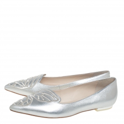 Pre Owned Sophia Webster Silver Leather Bibi Butterfly Ballet Flats Size 39.5