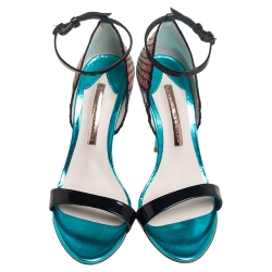 Pre Owned Sophia Webster Black Patent Leather And Peacock Print Fabric Flutura Ankle Strap Sandals Size 38
