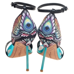 Pre Owned Sophia Webster Black Patent Leather And Peacock Print Fabric Flutura Ankle Strap Sandals Size 38
