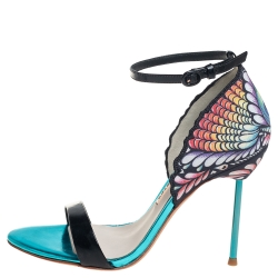 Pre Owned Sophia Webster Black Patent Leather And Peacock Print Fabric Flutura Ankle Strap Sandals Size 38