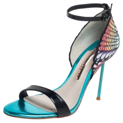 Pre Owned Sophia Webster Black Patent Leather And Peacock Print Fabric Flutura Ankle Strap Sandals Size 38